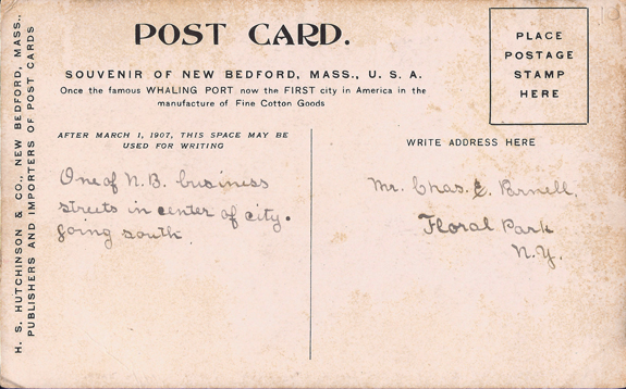 1907 postcard back - purchase and william st. - www.WhalingCity.net