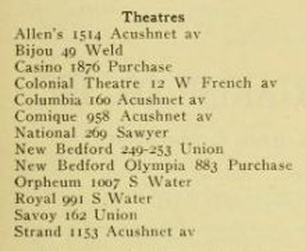 1918 New Bedford directory theater listings - www.WhalingCity.net 
