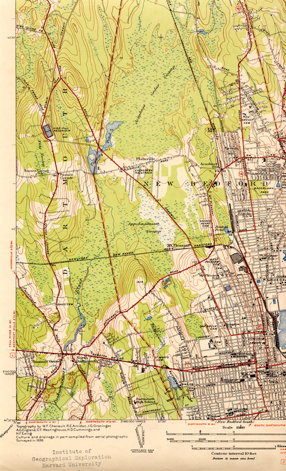 1936 Topographical Map ofSouth West  New Bedford and Parts of Dartmouth - www.WhalingCity.net