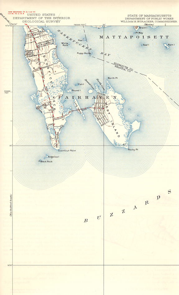 1936 Map of Sconticut Neck and west Island - www.WhalingCity.net