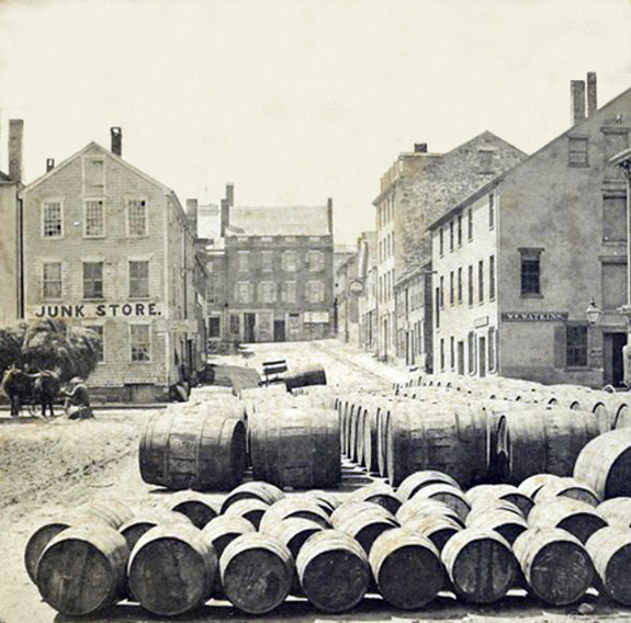 Centre Street New Bedford 1800's with whale oil casks - www.WhalingCity.net